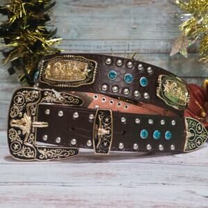 Praying Cowboy Western Belt Cowboy Cowgirl RhinestonGold genuine Leather sz LG